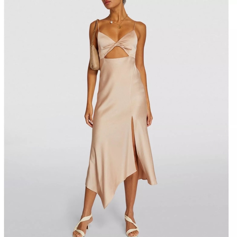 Alice + Olivia Harmony Asymmetrical Midi Dress in Sand, size 12